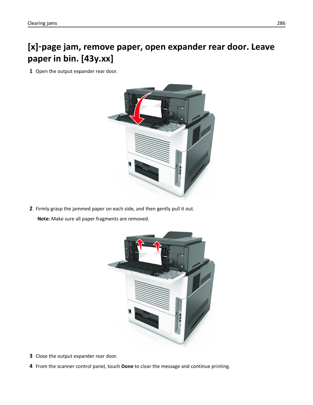 Lexmark MX6500E manual Clearing jams 286 