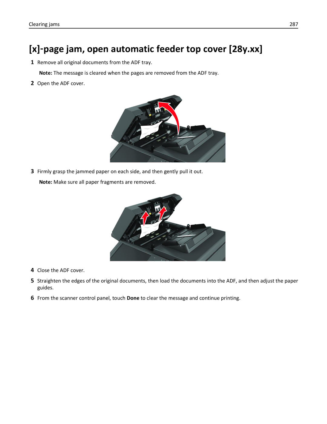 Lexmark MX6500E manual ‑page jam, open automatic feeder top cover 28y.xx, Clearing jams 287 