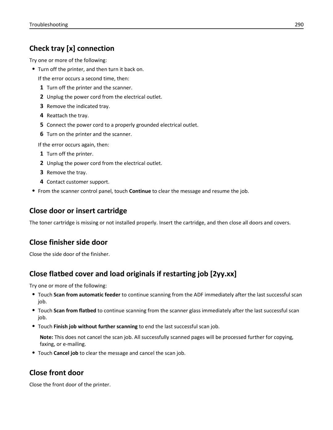 Lexmark MX6500E manual Check tray x connection, Close door or insert cartridge, Close finisher side door, Close front door 