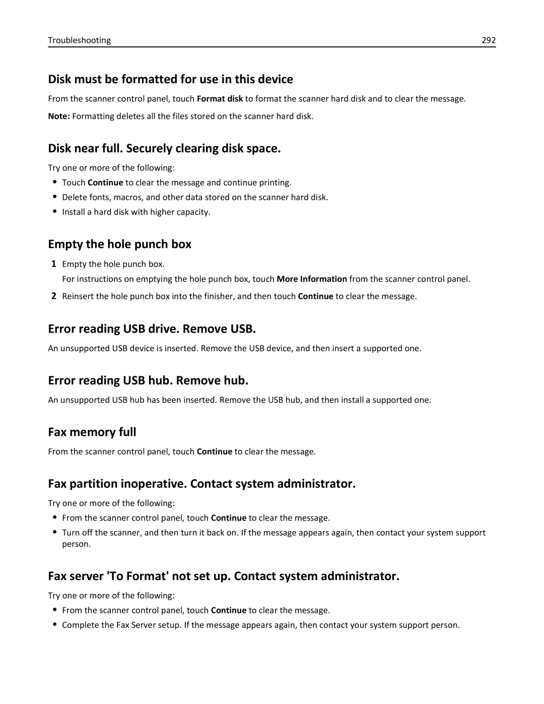Lexmark MX6500E manual Disk must be formatted for use in this device, Disk near full. Securely clearing disk space 