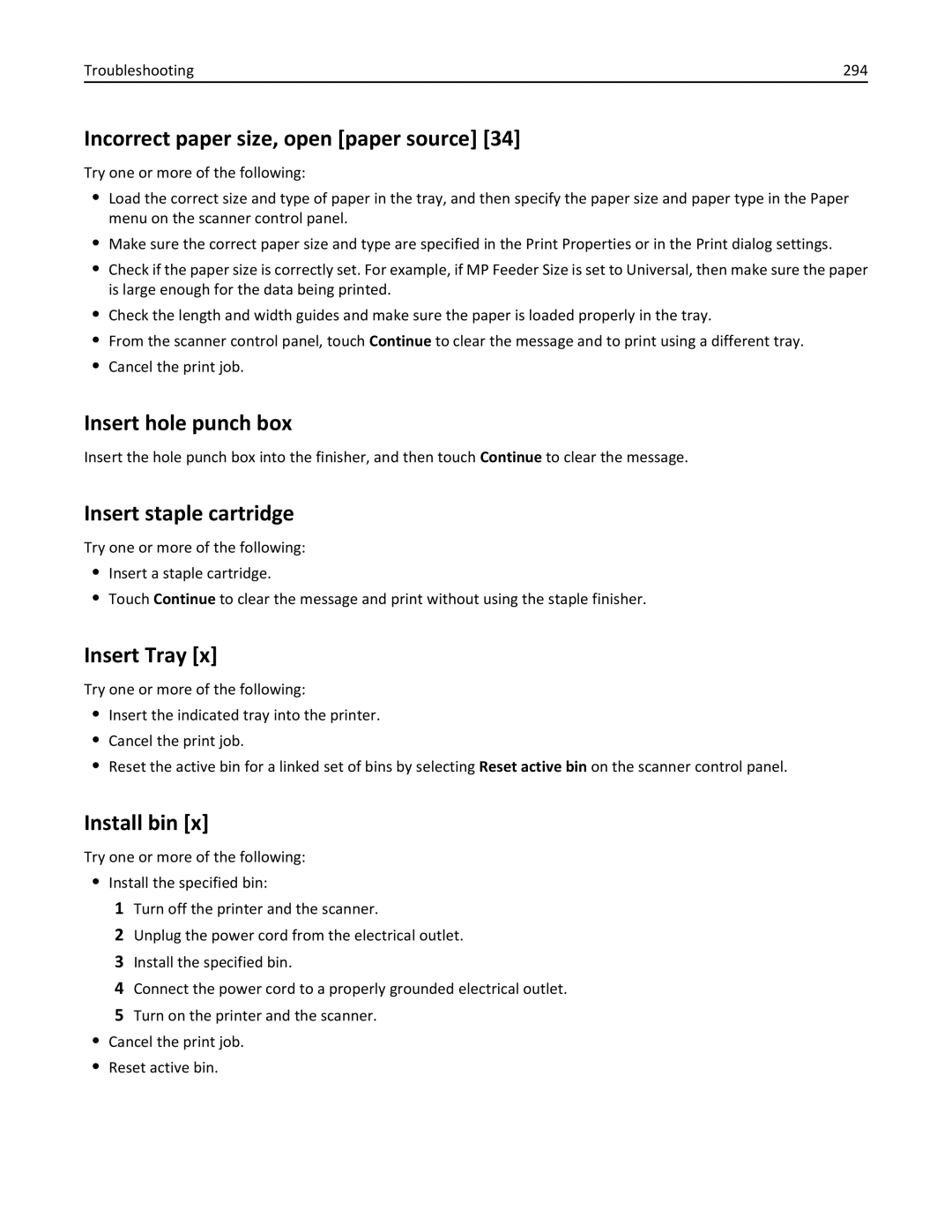 Lexmark MX6500E manual Incorrect paper size, open paper source, Insert hole punch box, Insert staple cartridge, Insert Tray 