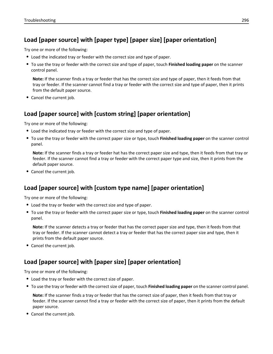 Lexmark MX6500E manual Load paper source with custom string paper orientation, Troubleshooting 296 