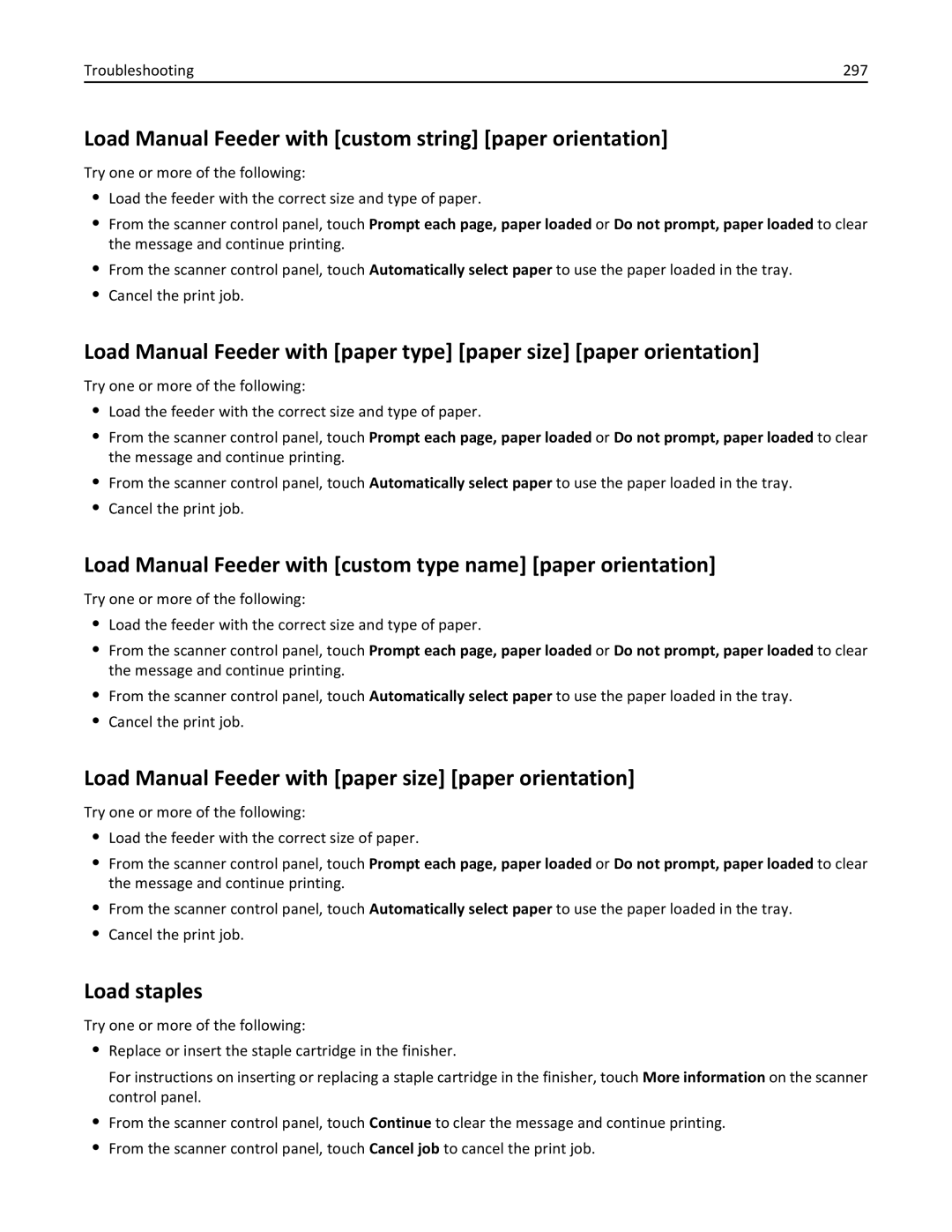 Lexmark MX6500E manual Load Manual Feeder with custom string paper orientation, Load staples, Troubleshooting 297 