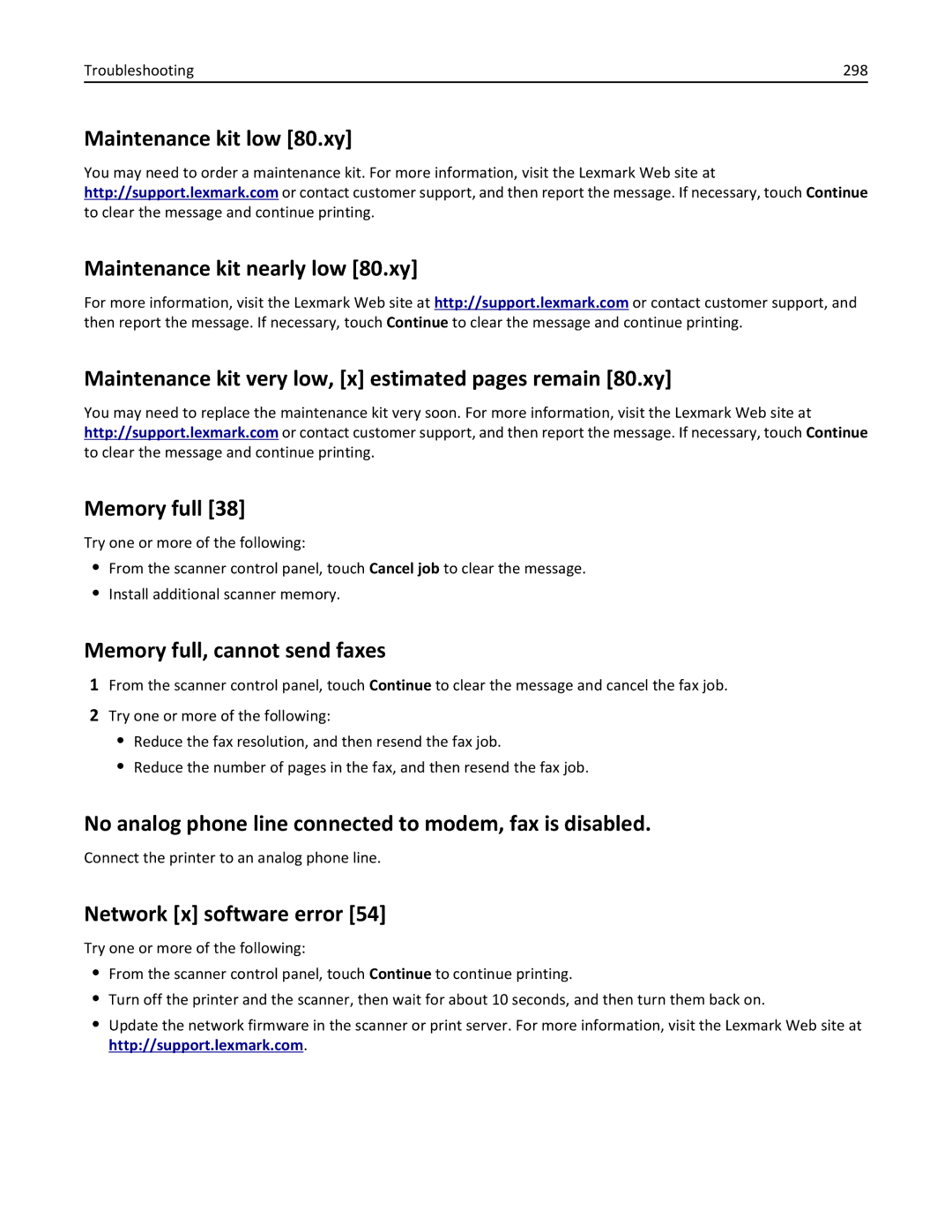 Lexmark MX6500E manual Memory full, cannot send faxes, No analog phone line connected to modem, fax is disabled 