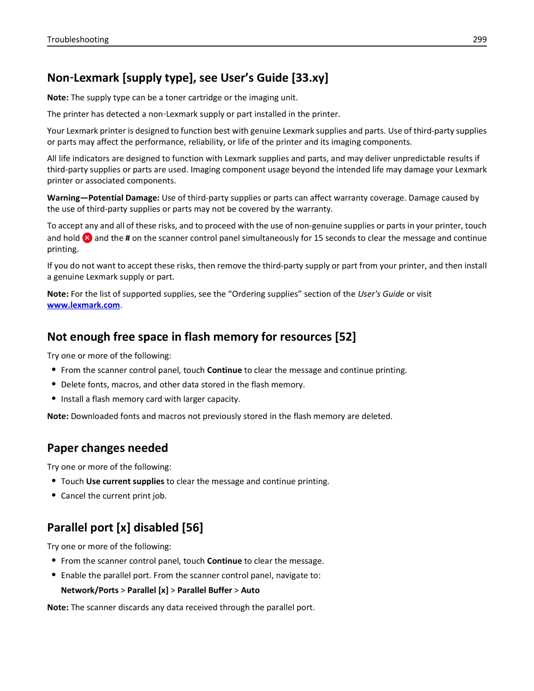 Lexmark MX6500E manual Non‑Lexmark supply type, see User’s Guide 33.xy, Not enough free space in flash memory for resources 