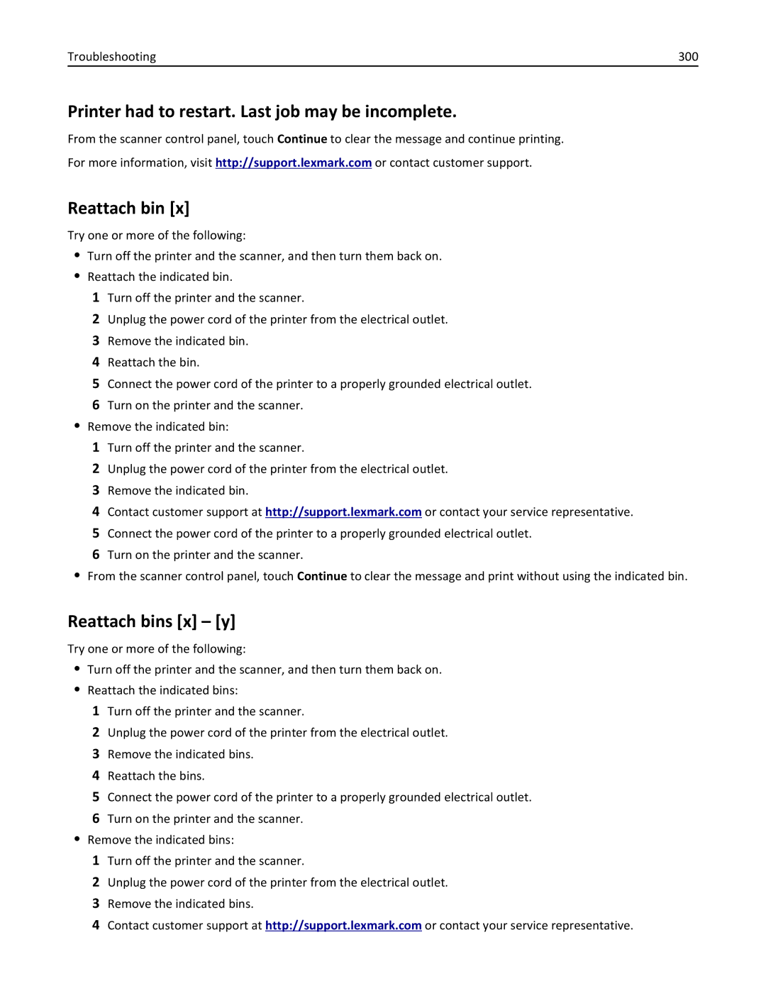 Lexmark MX6500E manual Reattach bins x y, Troubleshooting 300 