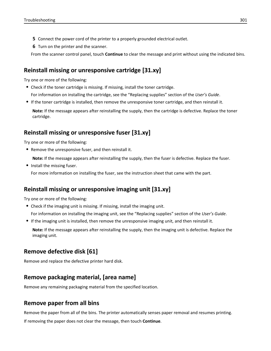 Lexmark MX6500E manual Reinstall missing or unresponsive cartridge 31.xy, Reinstall missing or unresponsive fuser 31.xy 