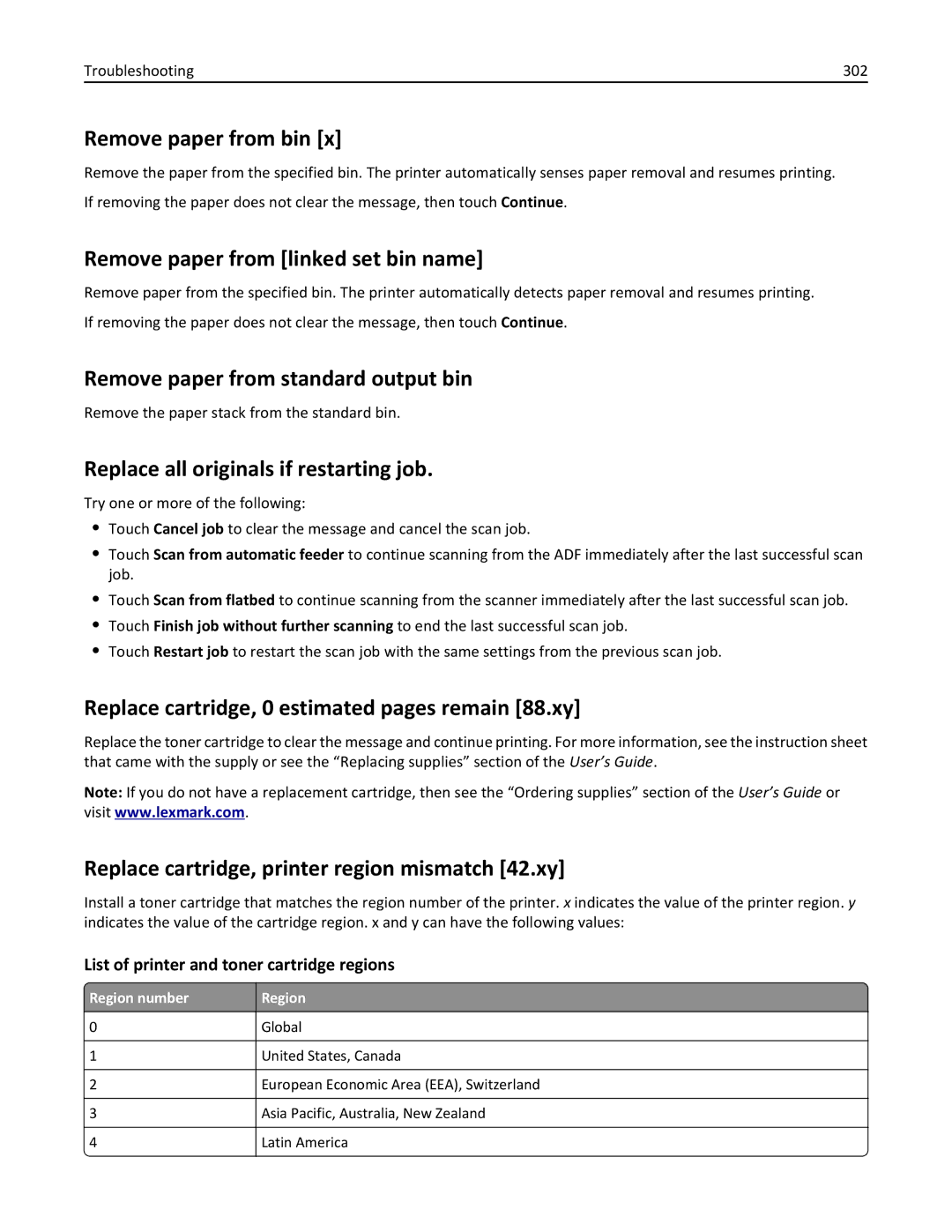 Lexmark MX6500E manual Remove paper from bin, Remove paper from linked set bin name, Remove paper from standard output bin 