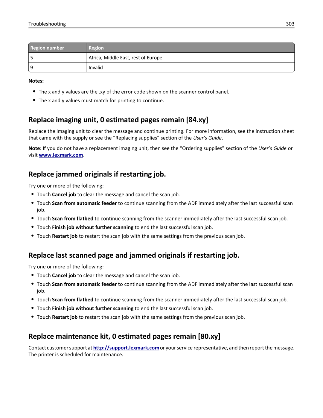 Lexmark MX6500E manual Replace imaging unit, 0 estimated pages remain 84.xy, Replace jammed originals if restarting job 