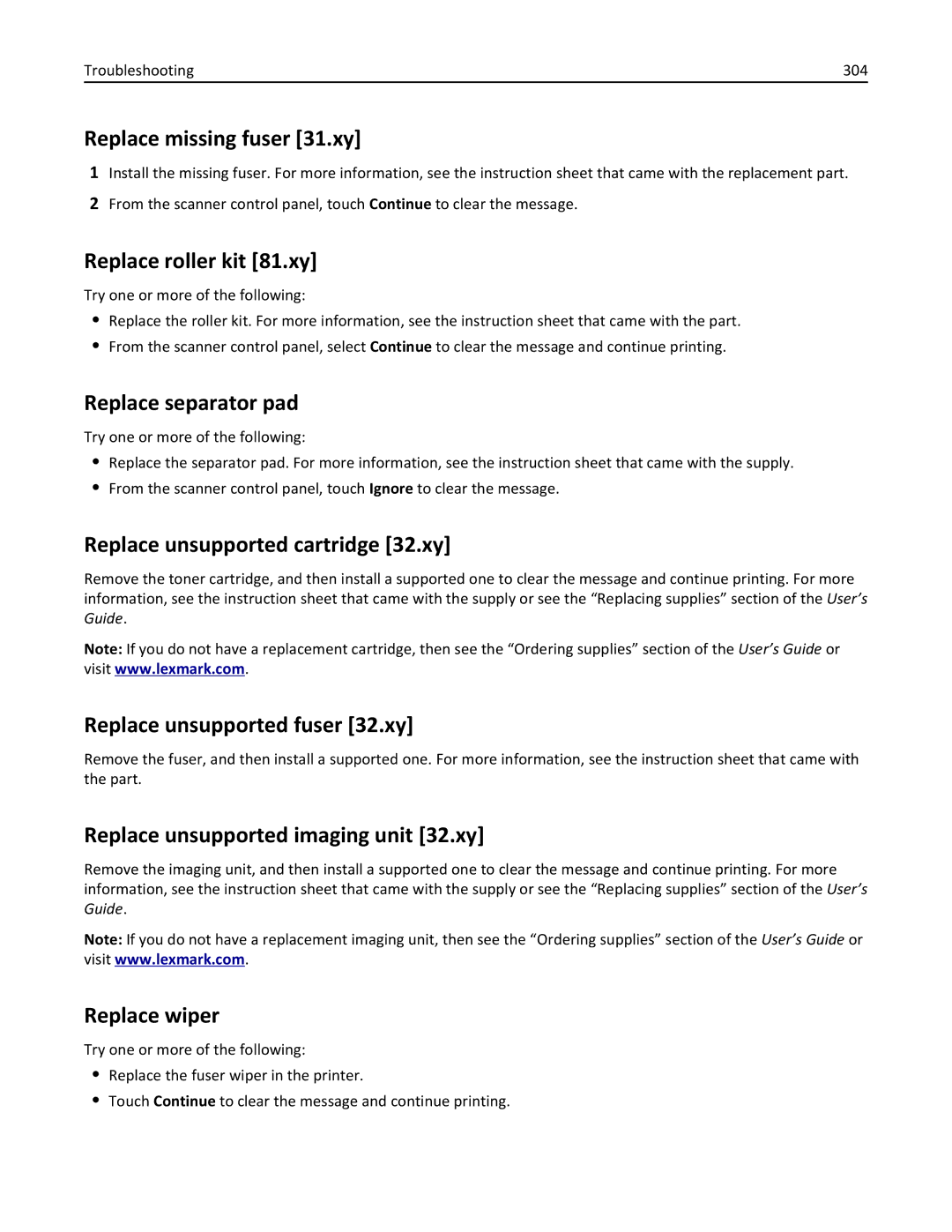 Lexmark MX6500E manual Replace missing fuser 31.xy, Replace roller kit 81.xy, Replace separator pad, Replace wiper 