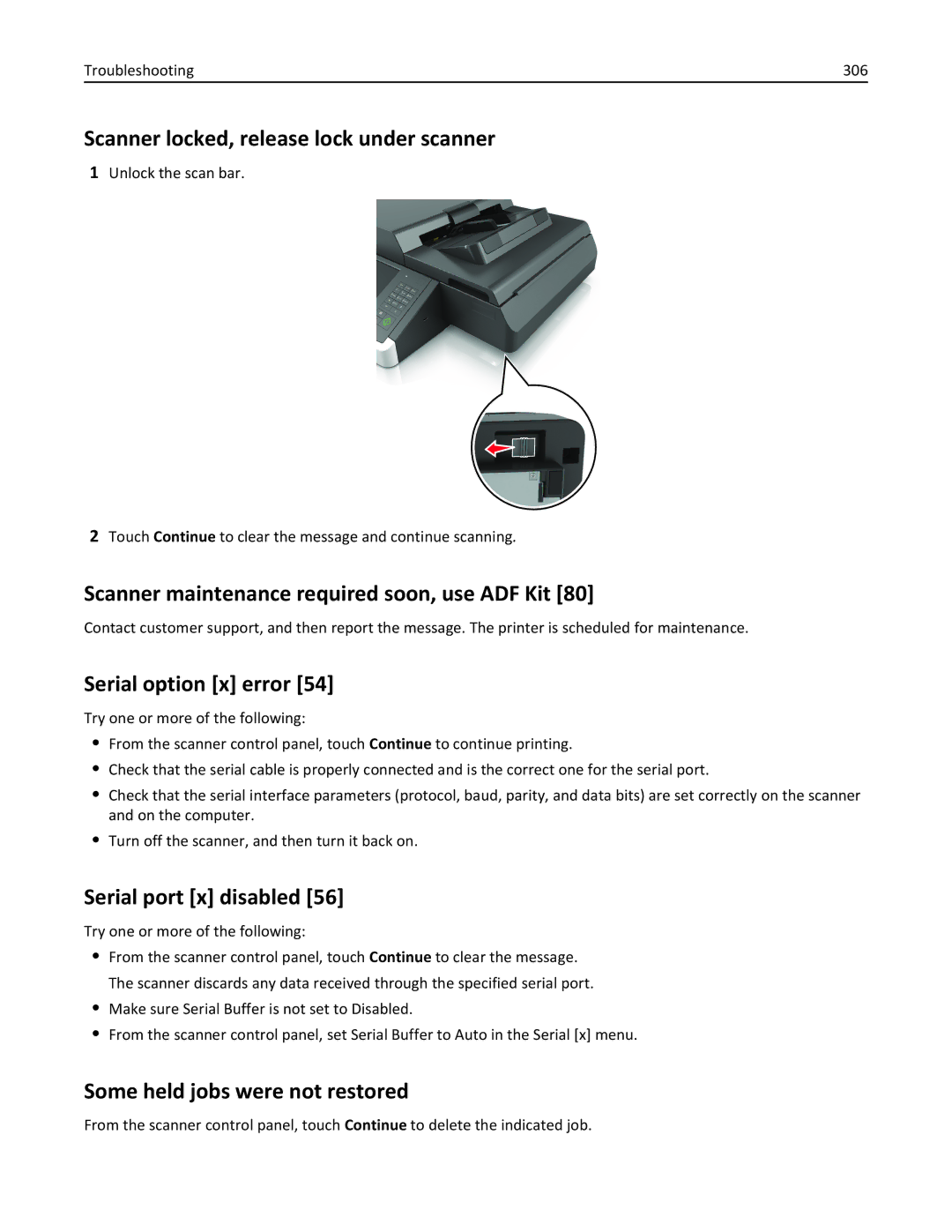 Lexmark MX6500E manual Scanner locked, release lock under scanner, Scanner maintenance required soon, use ADF Kit 