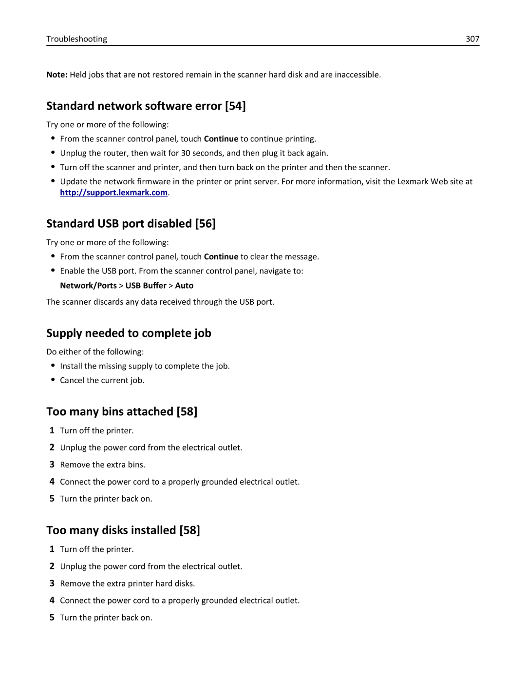 Lexmark MX6500E manual Standard network software error, Standard USB port disabled, Supply needed to complete job 