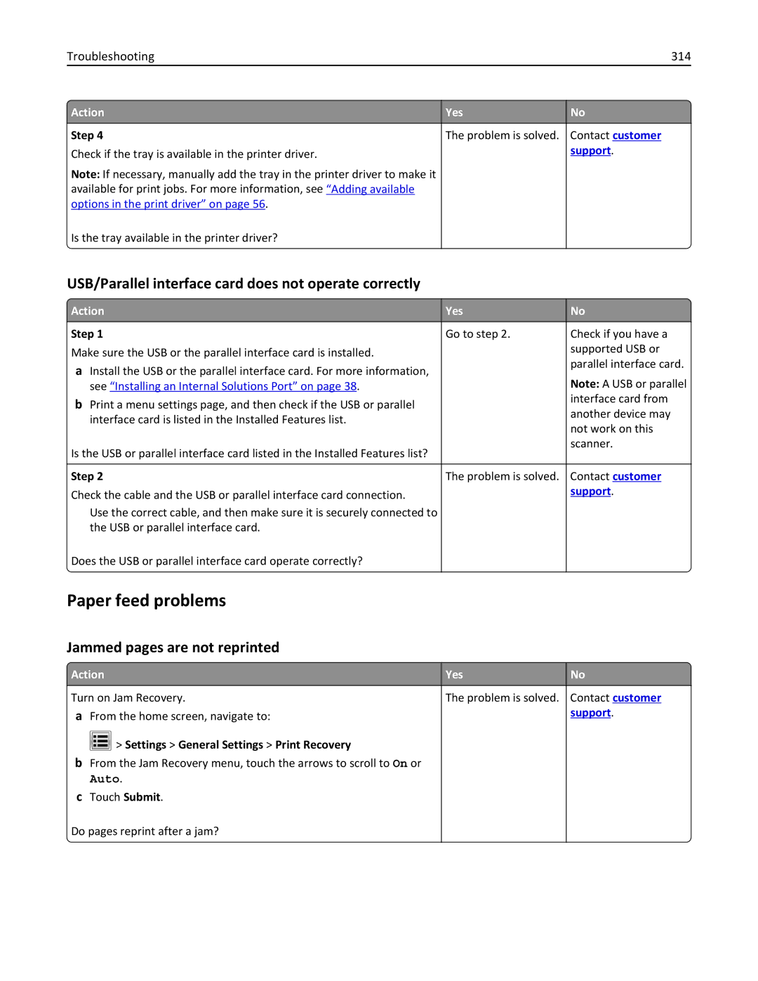 Lexmark MX6500E manual Paper feed problems, USB/Parallel interface card does not operate correctly, Troubleshooting 314 