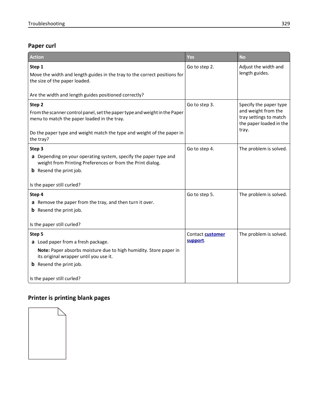 Lexmark MX6500E manual Paper curl, Printer is printing blank pages, Troubleshooting 329 