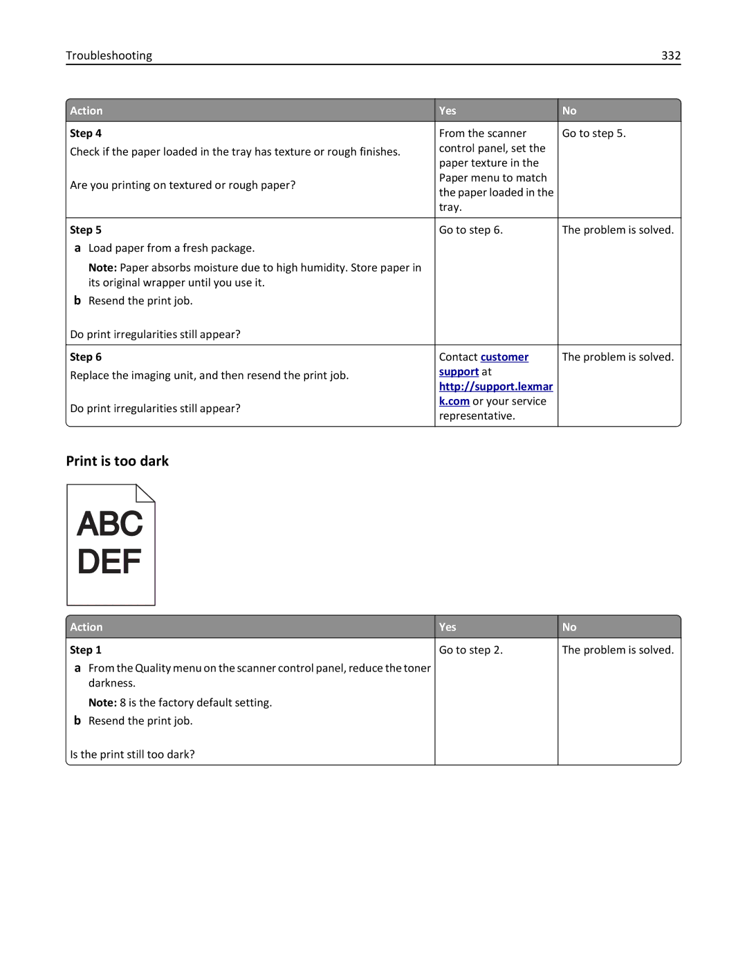 Lexmark MX6500E manual Print is too dark, Troubleshooting 332 