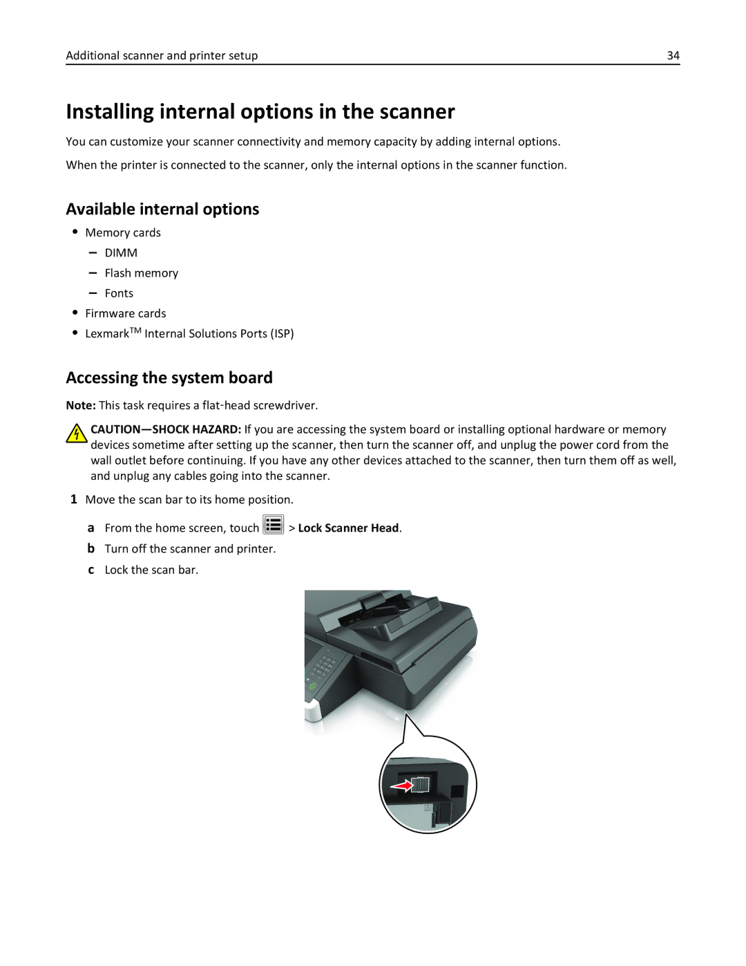 Lexmark MX6500E manual Installing internal options in the scanner, Available internal options, Accessing the system board 