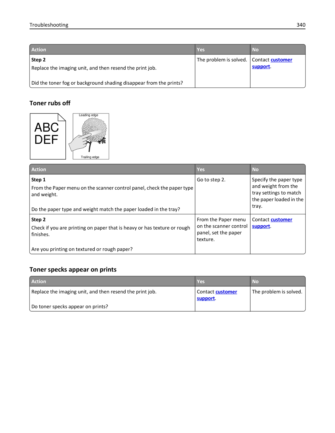 Lexmark MX6500E manual Toner rubs off, Toner specks appear on prints, Troubleshooting 340 