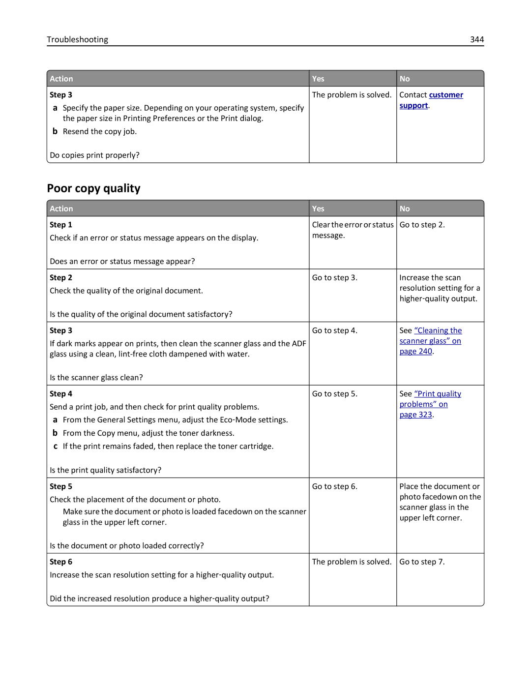 Lexmark MX6500E manual Poor copy quality, Troubleshooting 344 