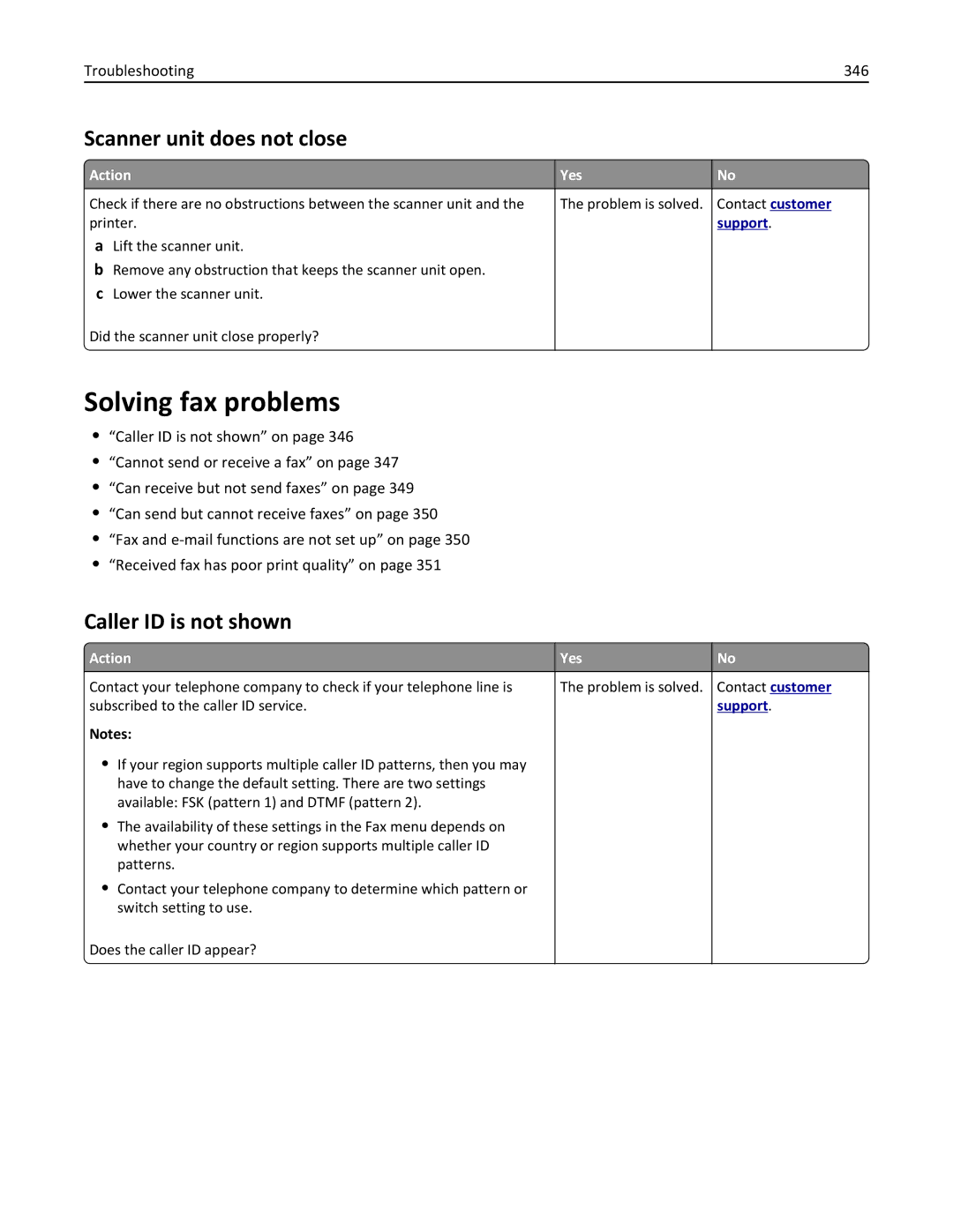 Lexmark MX6500E manual Solving fax problems, Scanner unit does not close, Caller ID is not shown, Troubleshooting 346 
