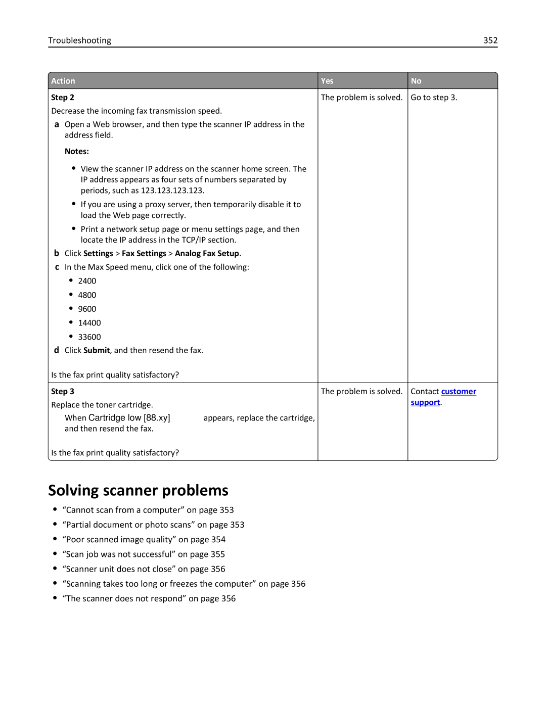 Lexmark MX6500E manual Solving scanner problems, Troubleshooting 352 