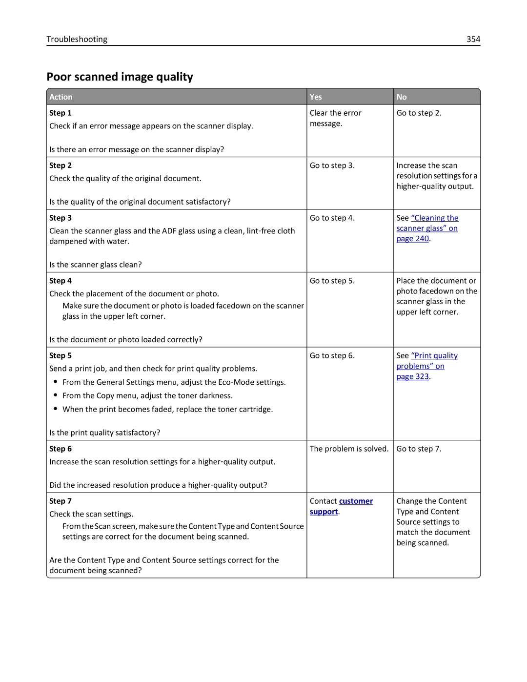 Lexmark MX6500E manual Poor scanned image quality, Troubleshooting 354 