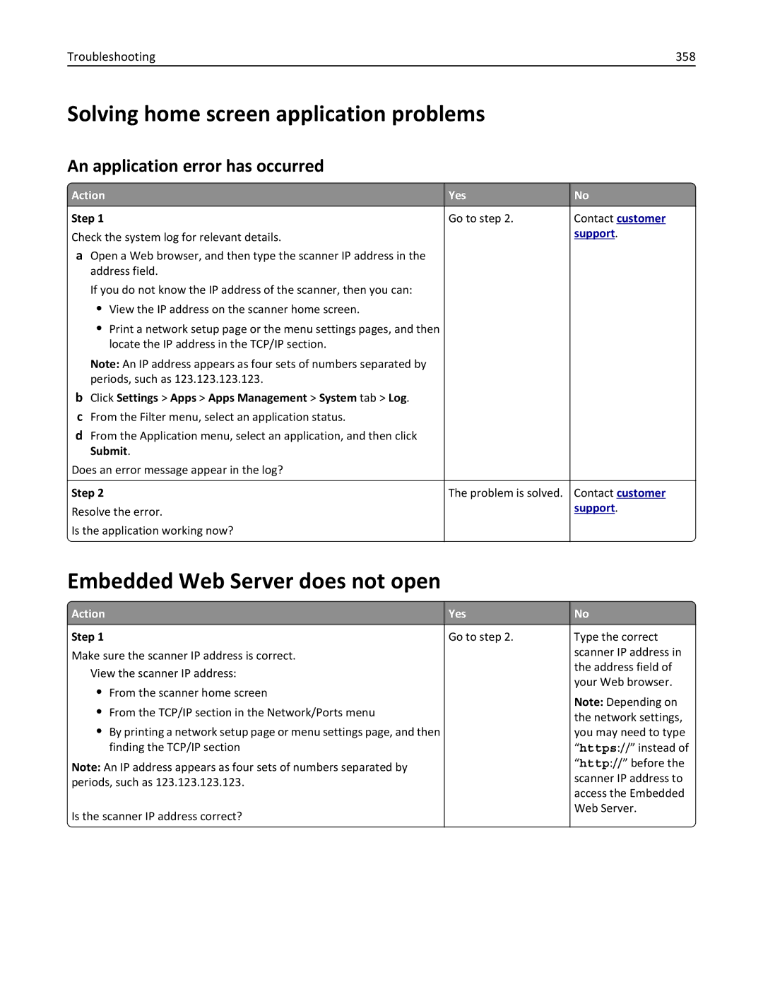 Lexmark MX6500E manual Solving home screen application problems, Embedded Web Server does not open, Troubleshooting 358 