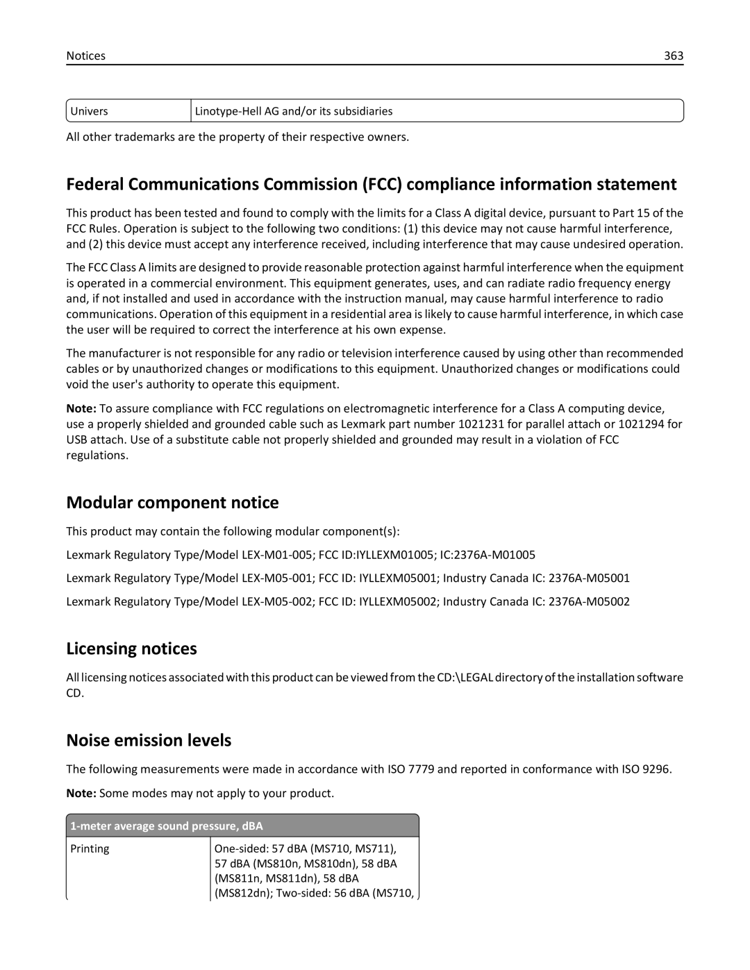 Lexmark MX6500E Modular component notice, Licensing notices, Noise emission levels, 363, Meter average sound pressure, dBA 