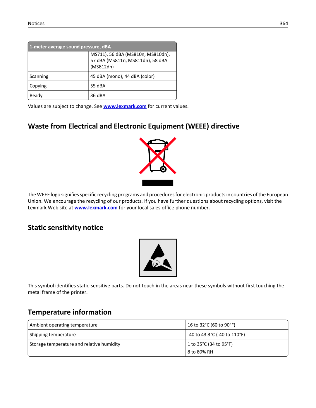 Lexmark MX6500E manual Temperature information, 364 