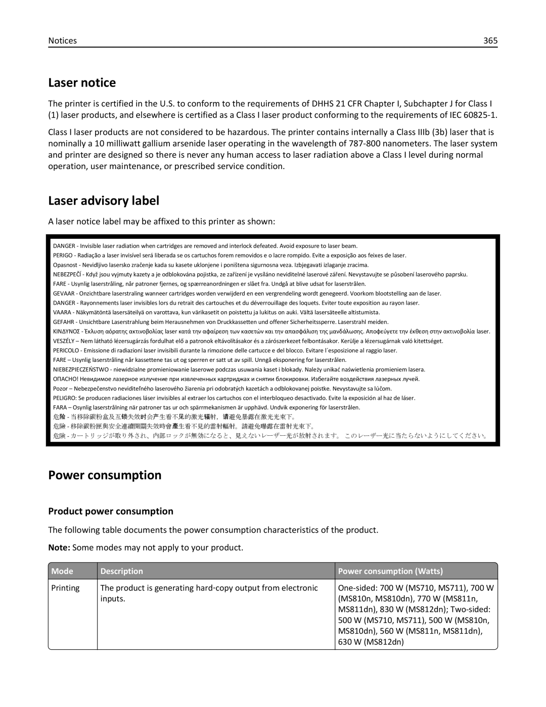 Lexmark MX6500E manual Laser notice, Laser advisory label, Power consumption, 365 