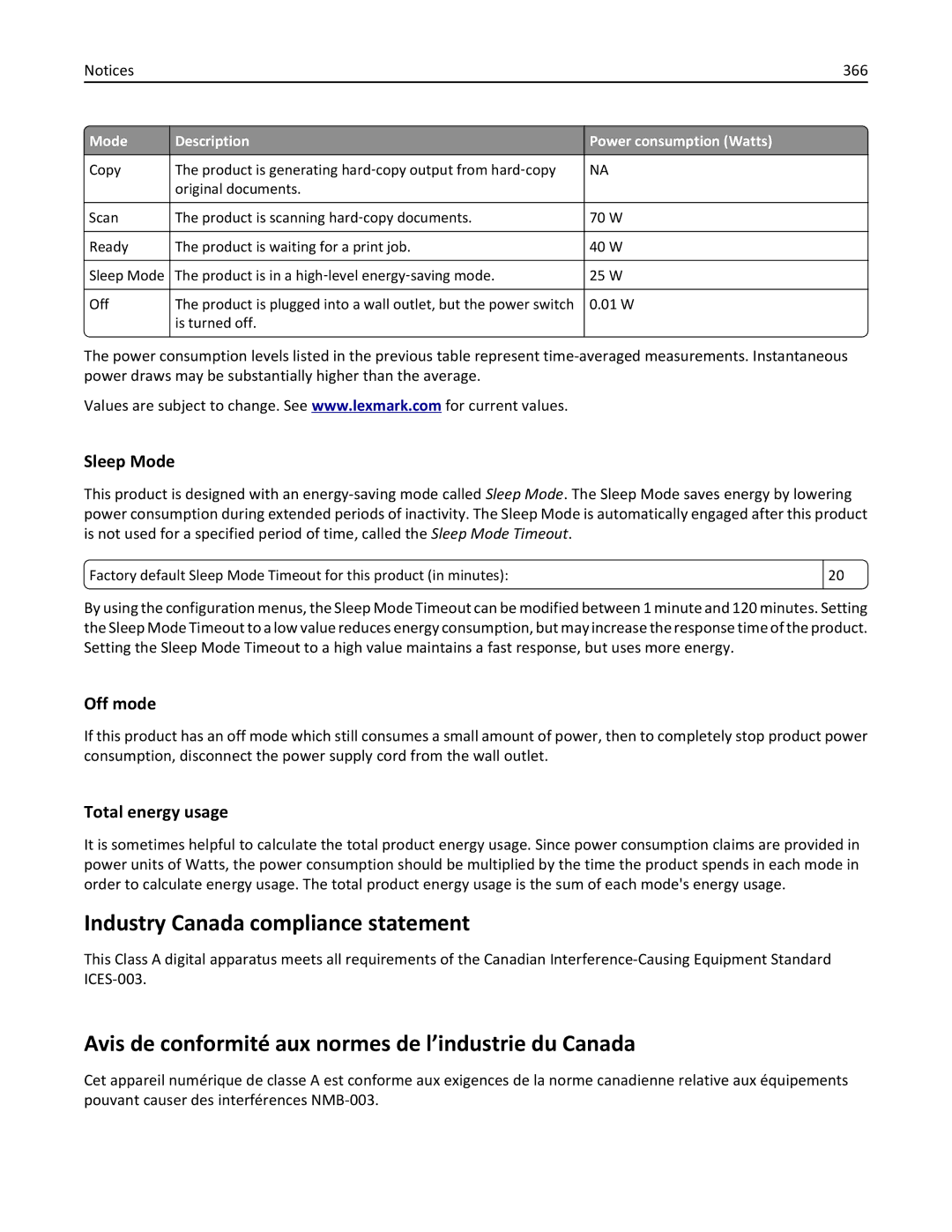 Lexmark MX6500E manual Industry Canada compliance statement, Avis de conformité aux normes de l’industrie du Canada, 366 