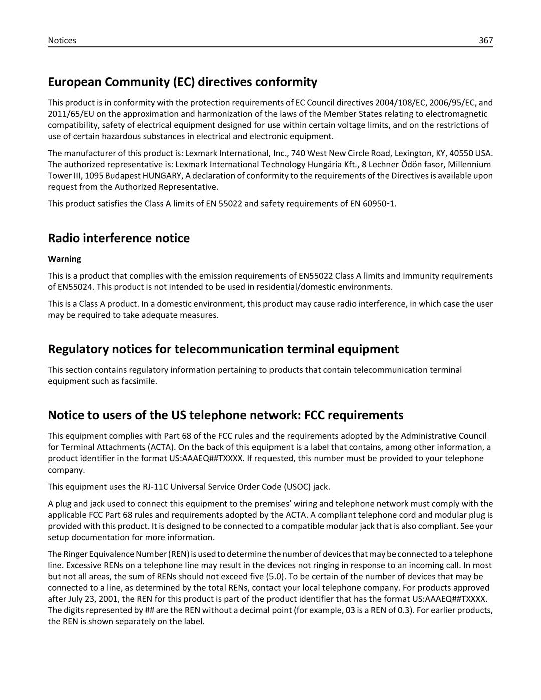 Lexmark MX6500E manual European Community EC directives conformity, Radio interference notice, 367 
