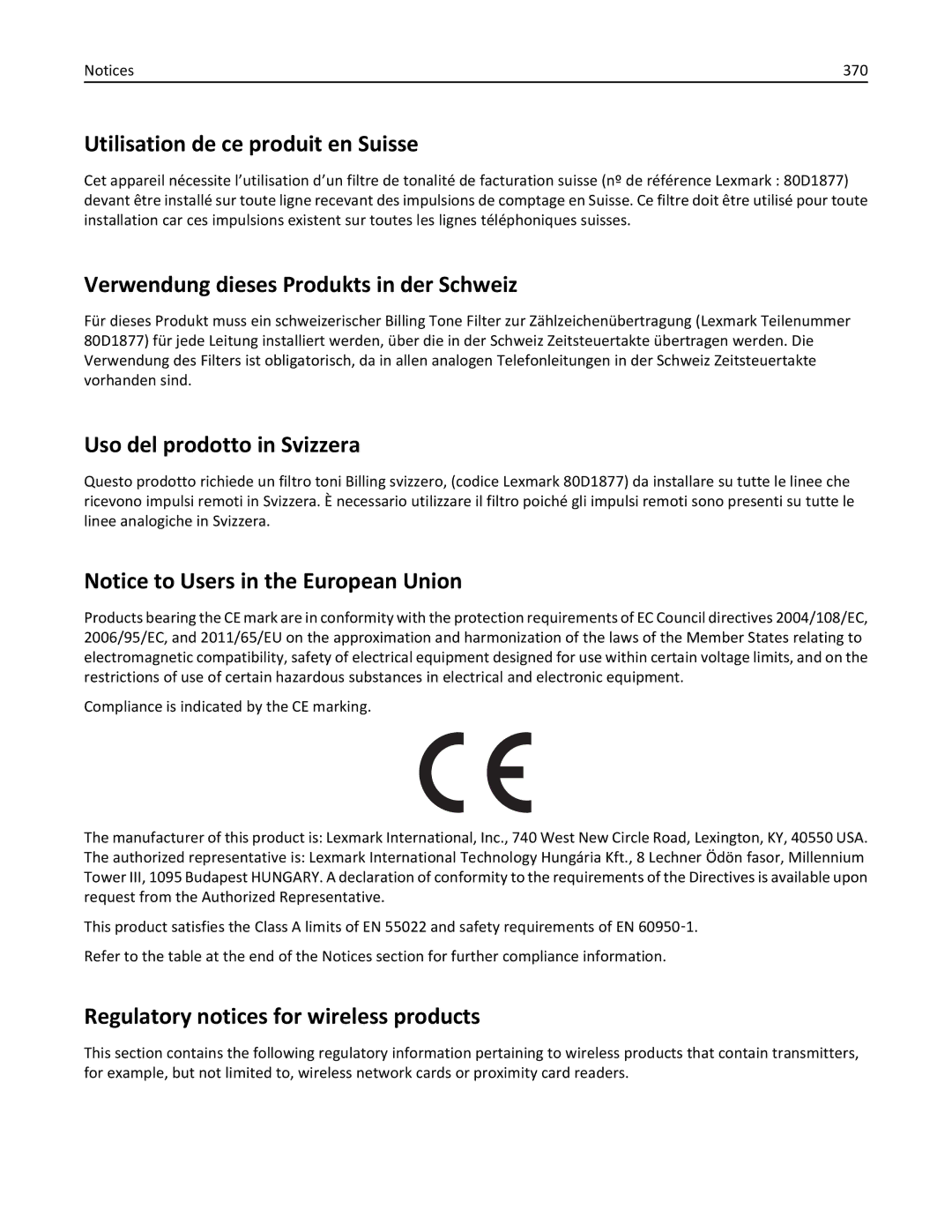 Lexmark MX6500E manual Utilisation de ce produit en Suisse, Verwendung dieses Produkts in der Schweiz, 370 