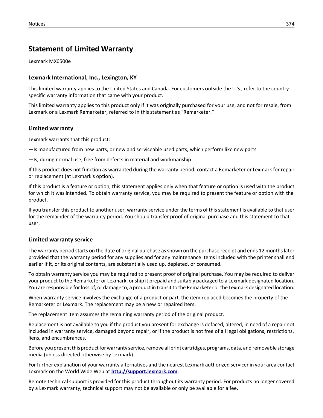 Lexmark MX6500E manual Statement of Limited Warranty, 374 