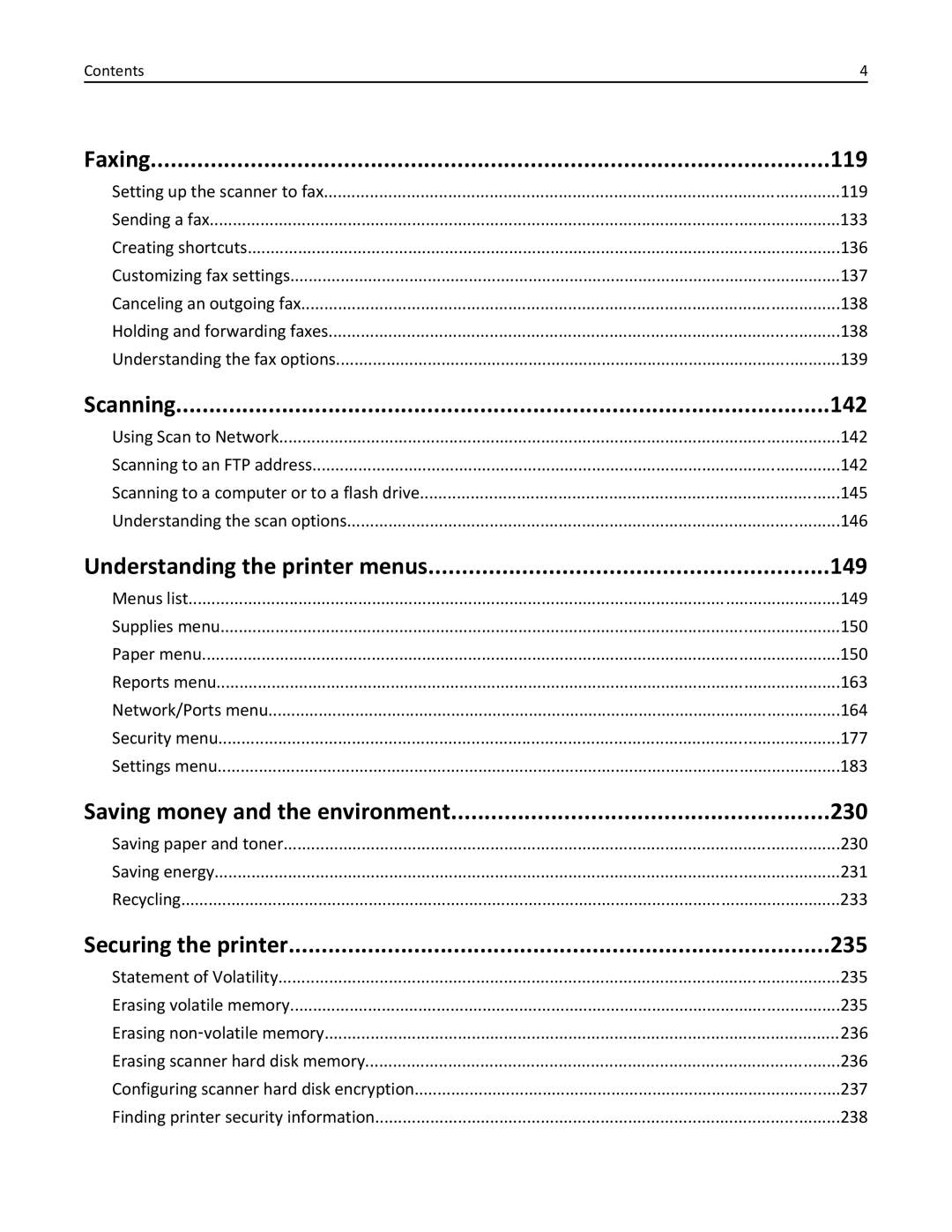 Lexmark MX6500E manual Faxing 119, Scanning 142, Understanding the printer menus 149, Saving money and the environment 230 