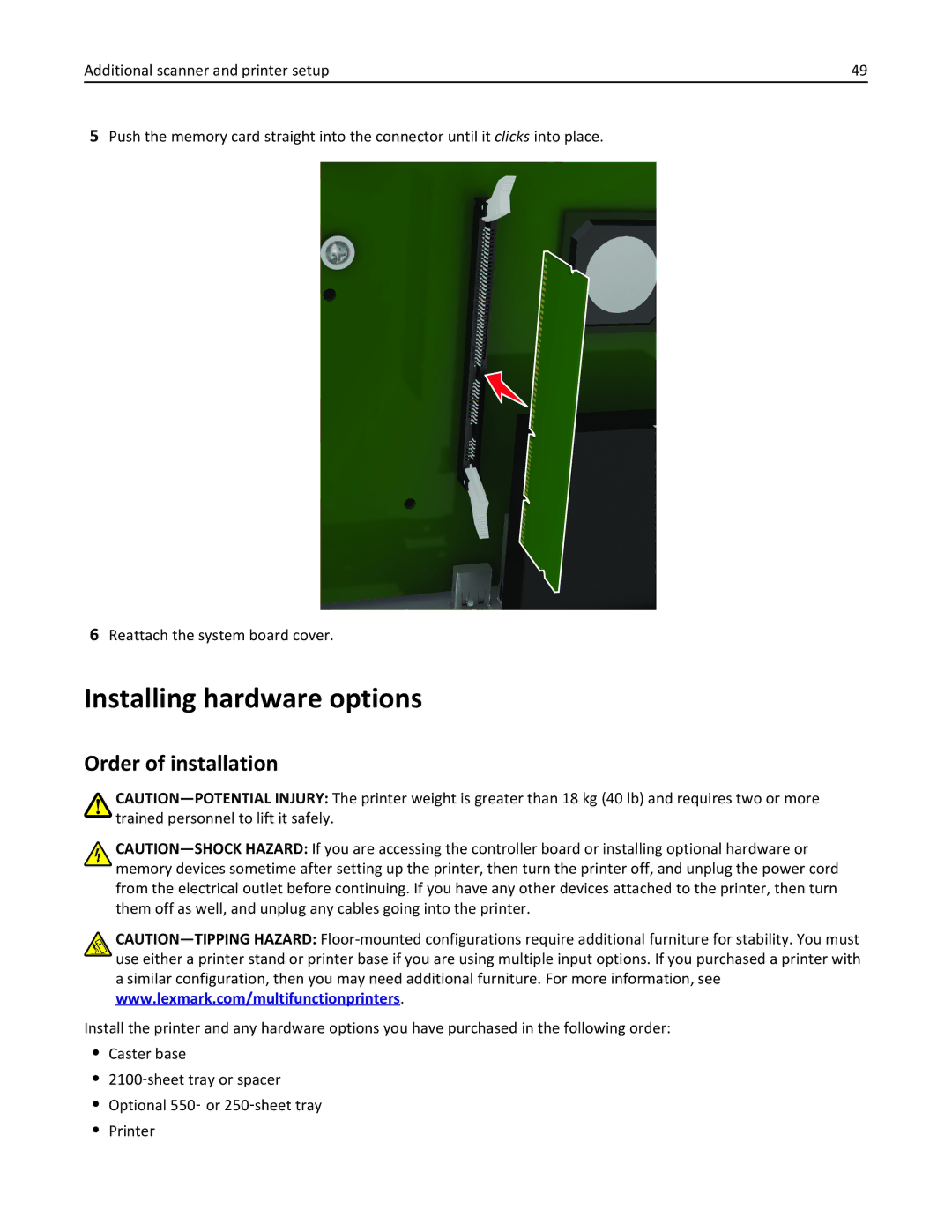 Lexmark MX6500E manual Installing hardware options, Order of installation 