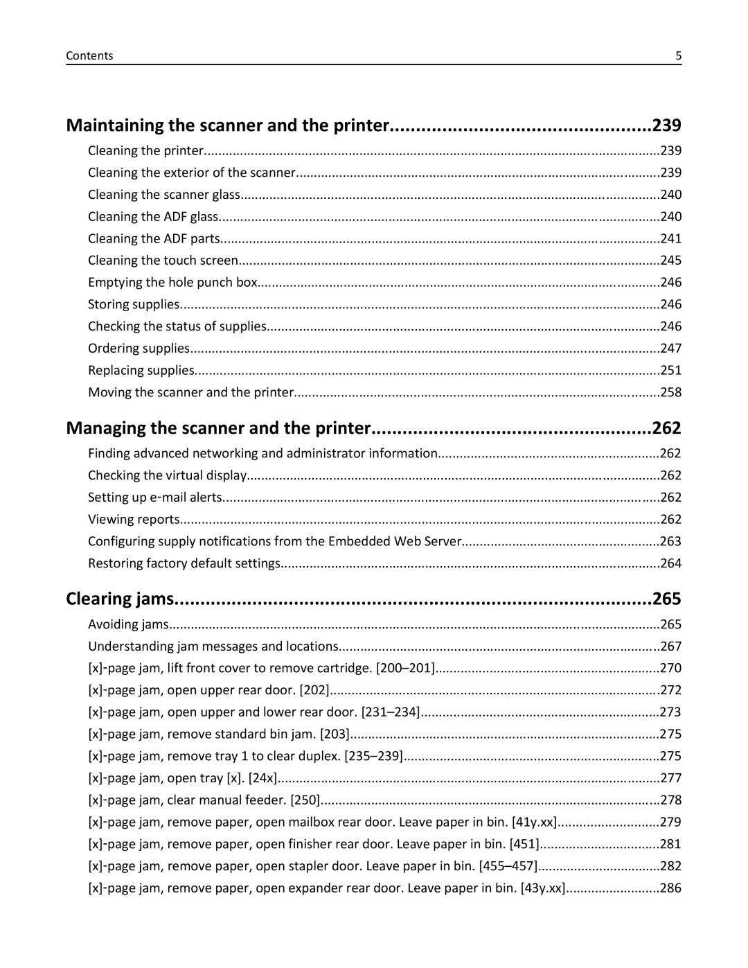 Lexmark MX6500E Maintaining the scanner and the printer 239, Managing the scanner and the printer 262, Clearing jams 265 