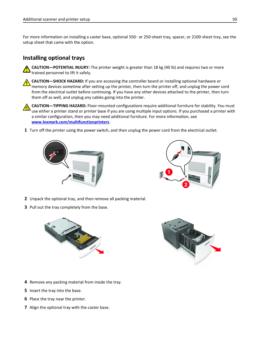 Lexmark MX6500E manual Installing optional trays 