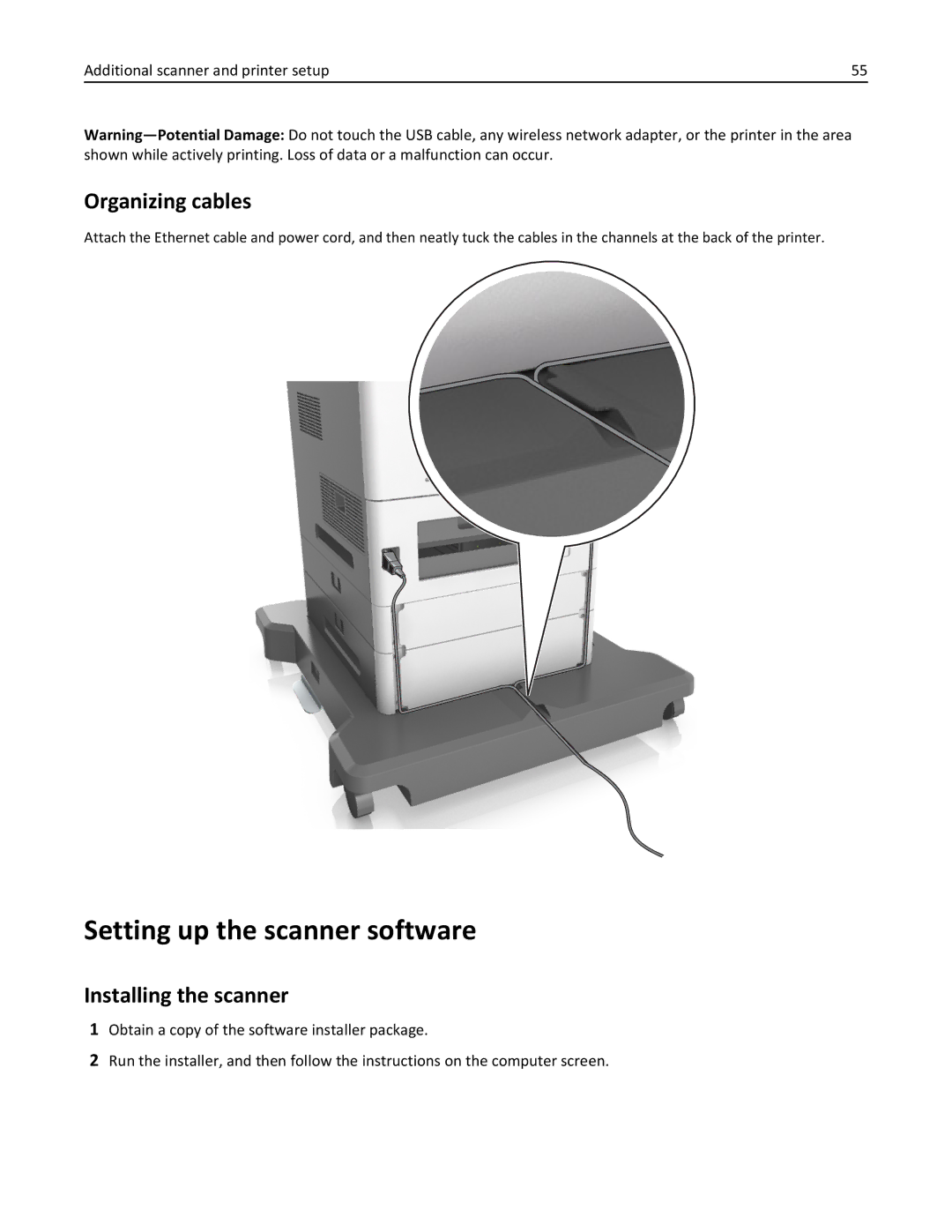 Lexmark MX6500E manual Setting up the scanner software, Organizing cables, Installing the scanner 