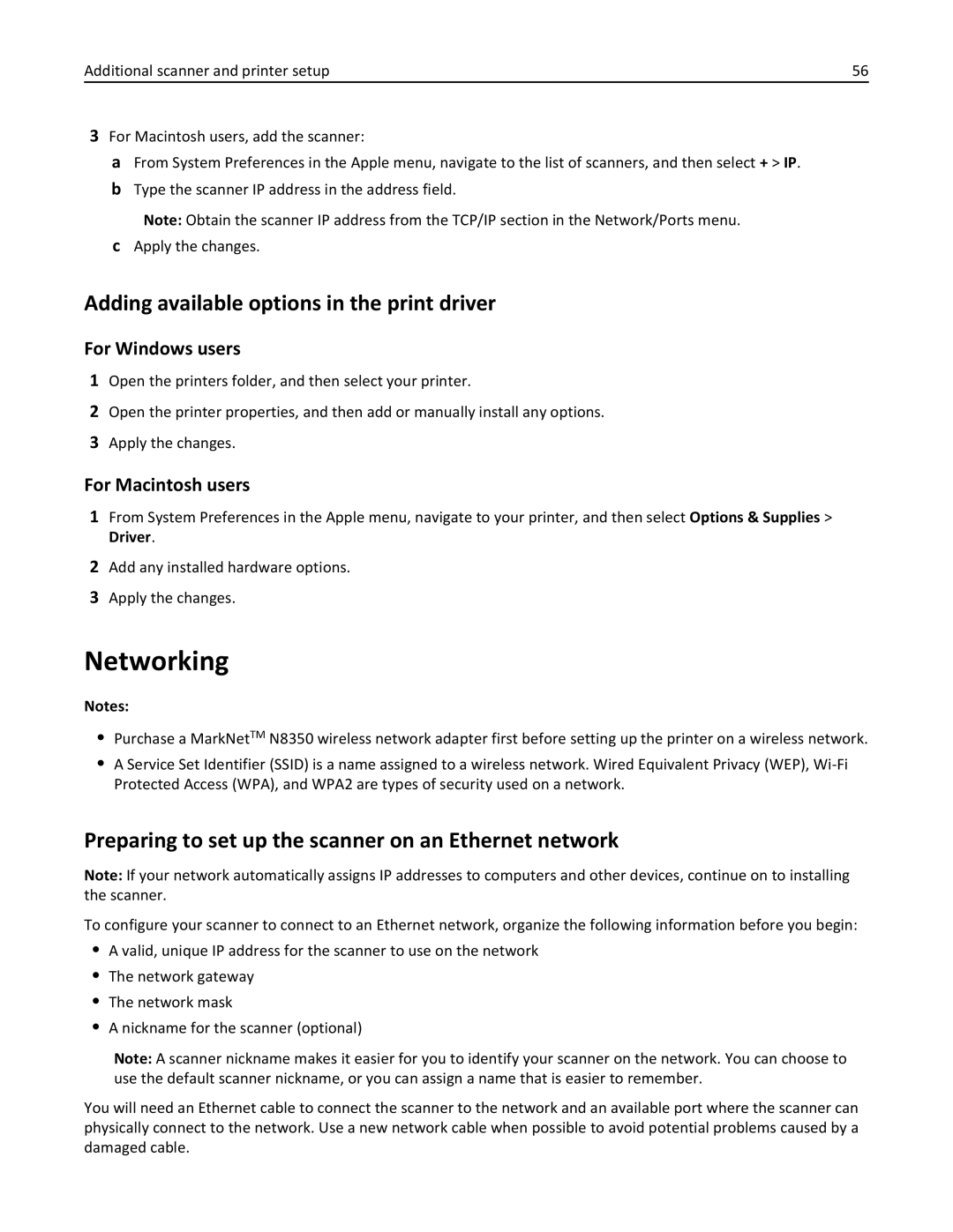 Lexmark MX6500E manual Networking, Adding available options in the print driver 