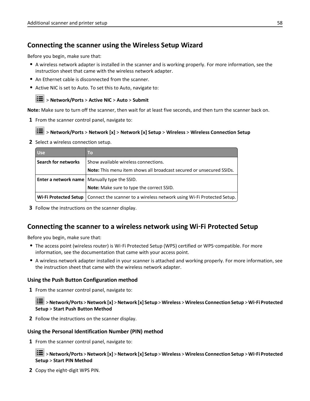 Lexmark MX6500E manual Connecting the scanner using the Wireless Setup Wizard, Network/Ports Active NIC Auto Submit 