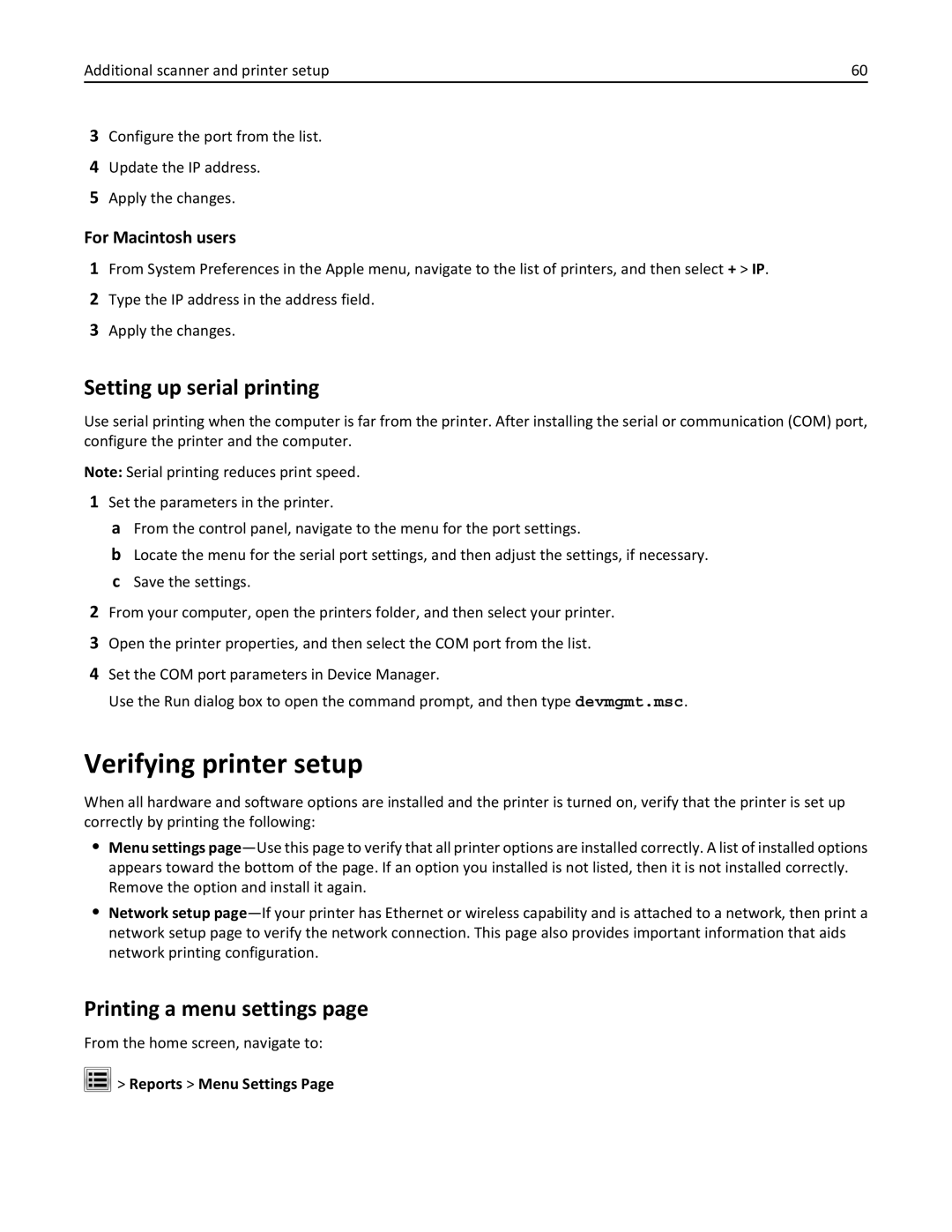 Lexmark MX6500E manual Verifying printer setup, Setting up serial printing, Printing a menu settings, Reports Menu Settings 