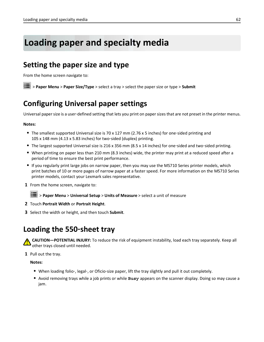 Lexmark MX6500E Loading paper and specialty media, Setting the paper size and type, Configuring Universal paper settings 