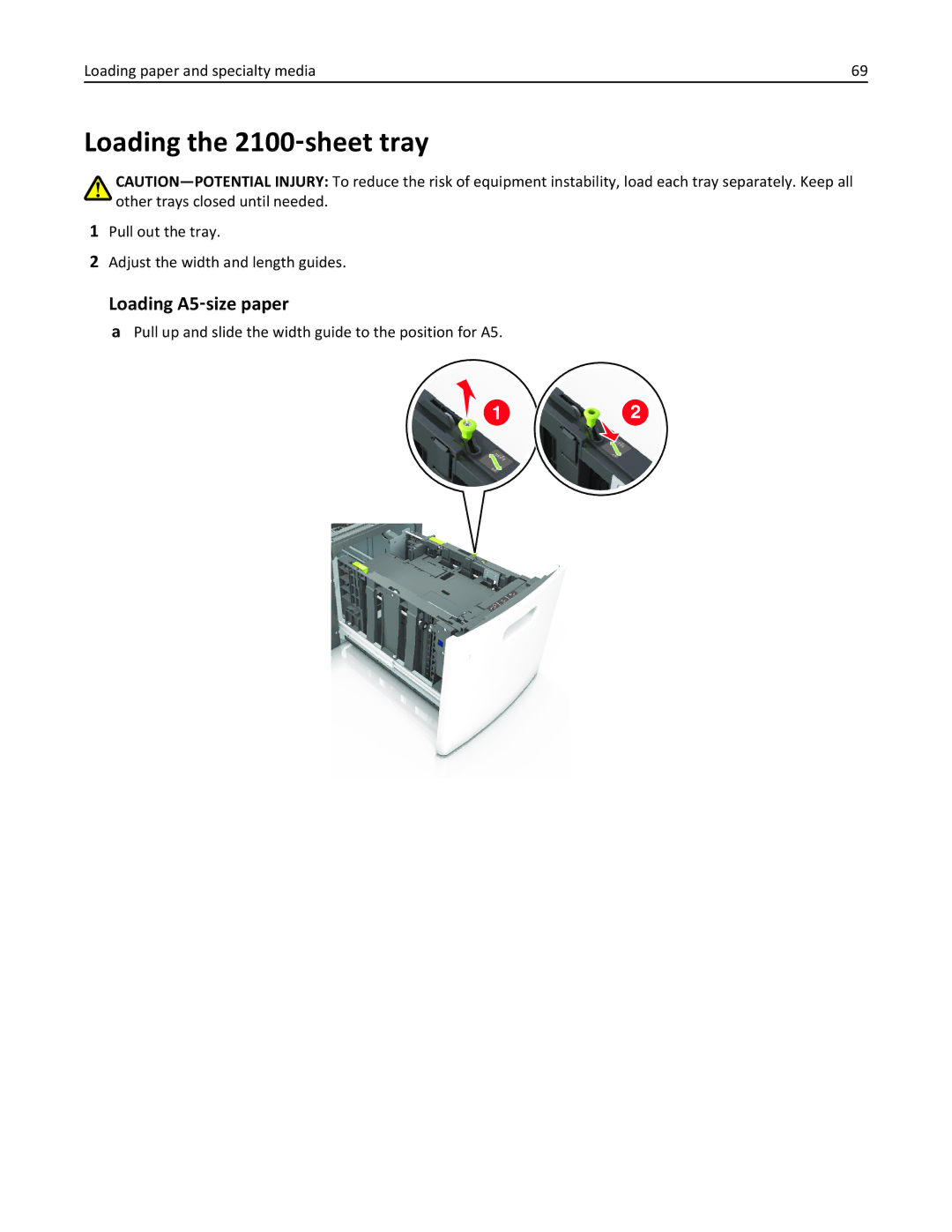 Lexmark MX6500E Loading the 2100‑sheet tray, Loading A5‑size paper, Pull out the tray Adjust the width and length guides 