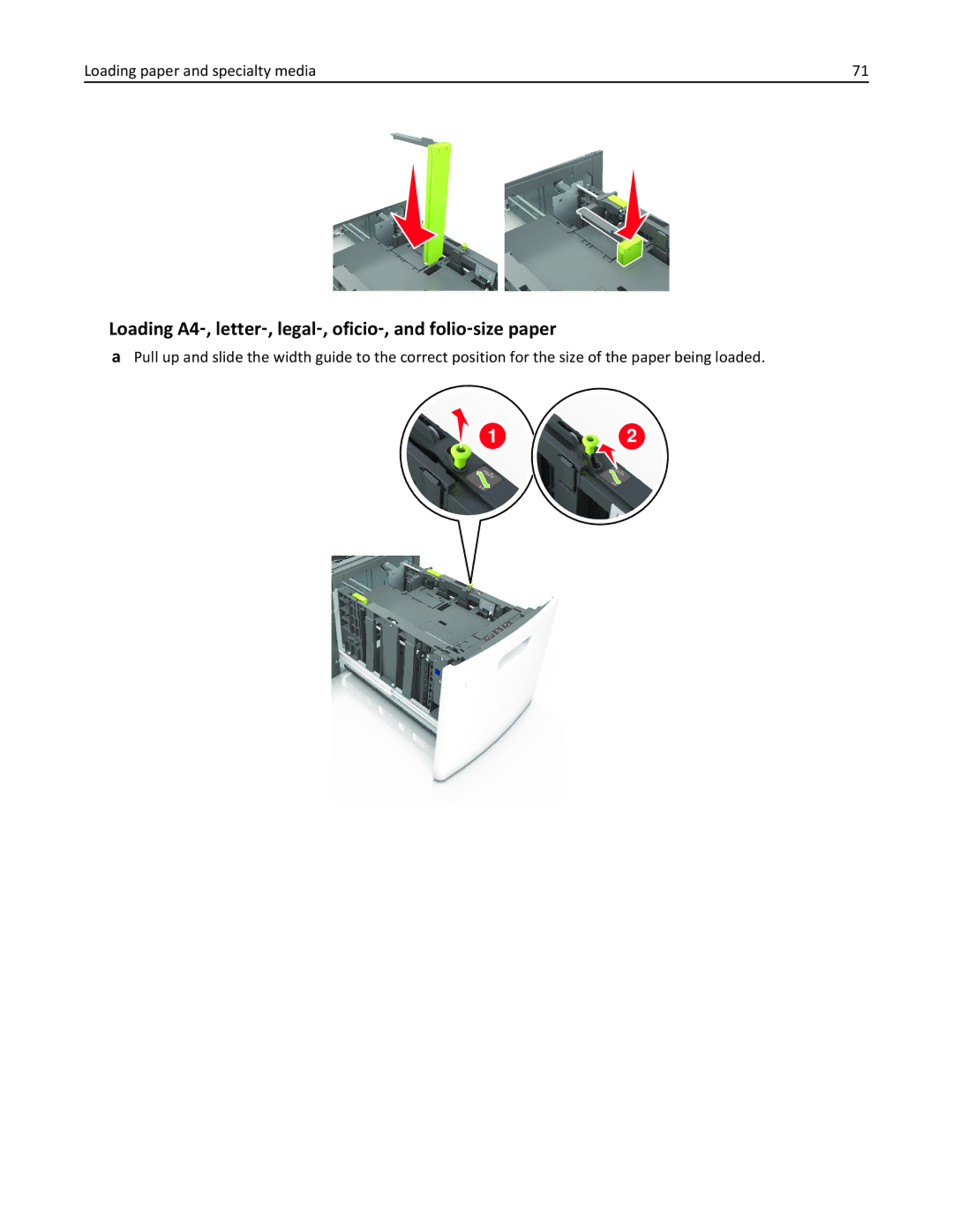 Lexmark MX6500E manual Loading A4‑, letter‑, legal‑, oficio‑, and folio‑size paper 