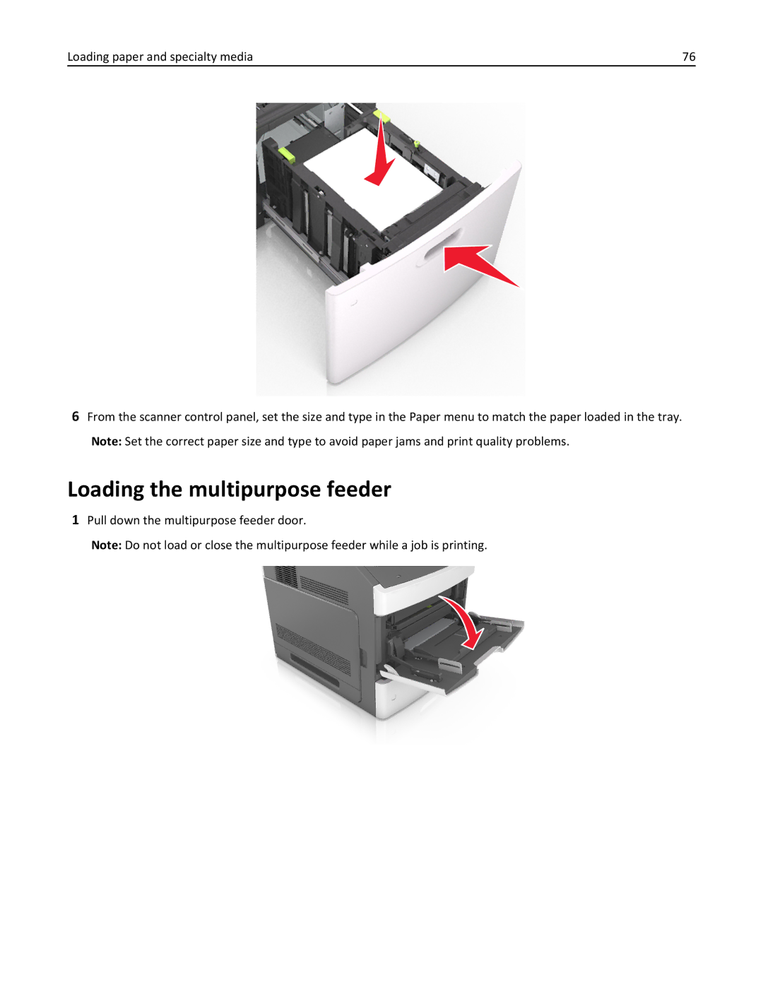 Lexmark MX6500E manual Loading the multipurpose feeder, Pull down the multipurpose feeder door 