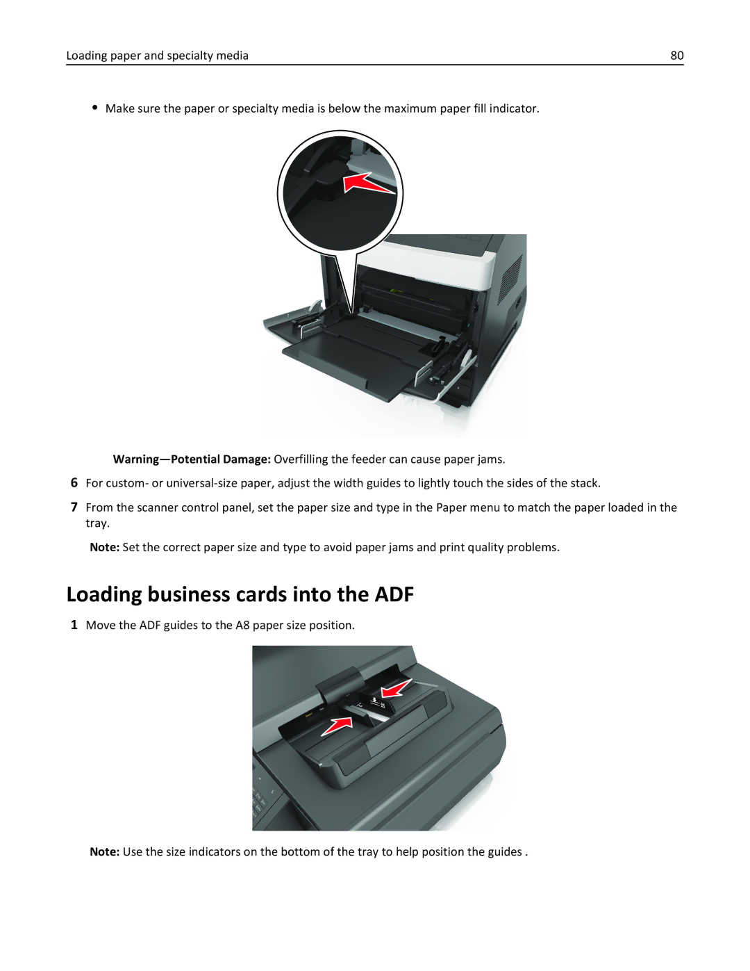 Lexmark MX6500E manual Loading business cards into the ADF, Move the ADF guides to the A8 paper size position 