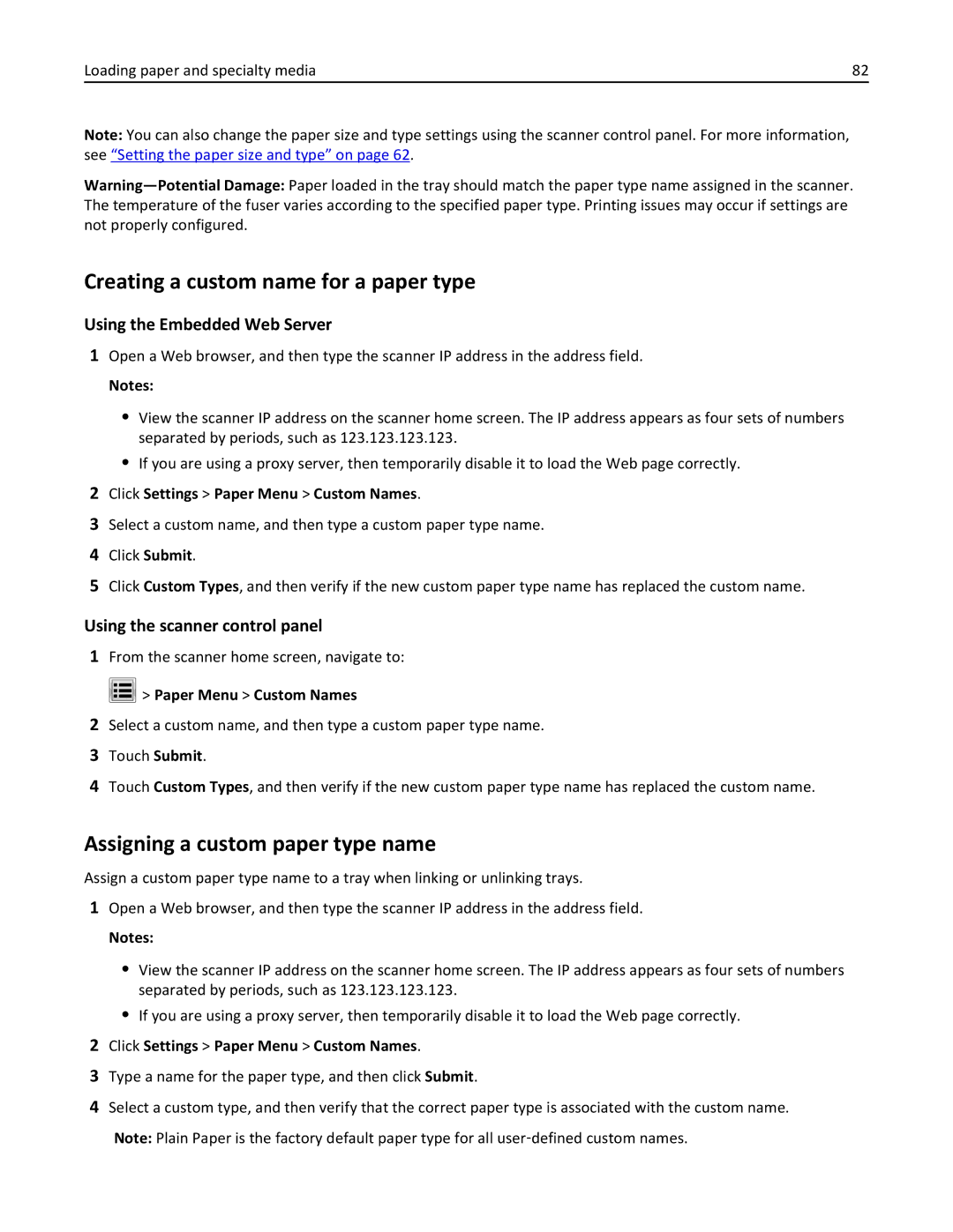 Lexmark MX6500E manual Creating a custom name for a paper type, Assigning a custom paper type name, Paper Menu Custom Names 