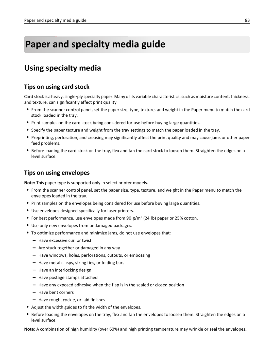 Lexmark MX6500E Paper and specialty media guide, Using specialty media, Tips on using card stock, Tips on using envelopes 