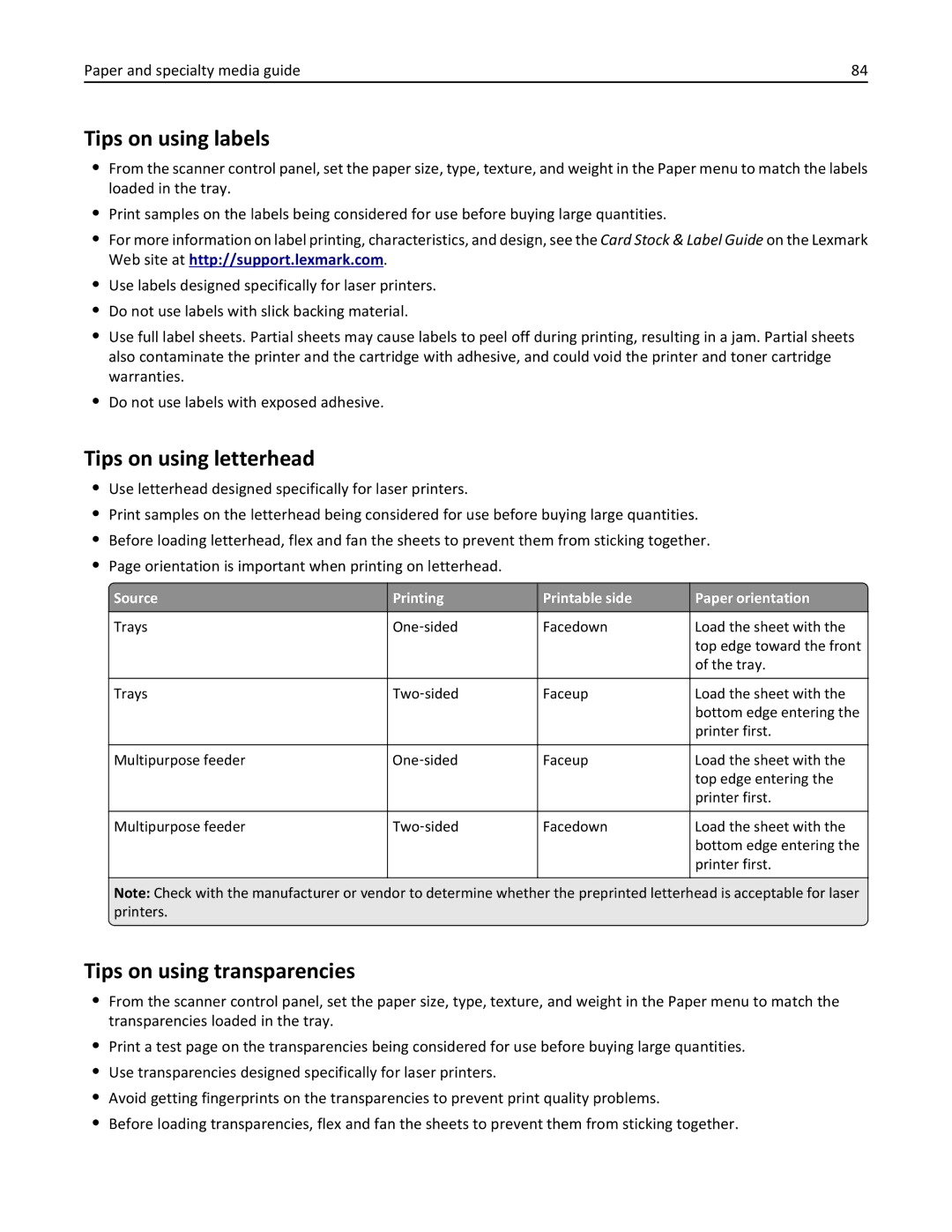 Lexmark MX6500E manual Tips on using labels, Tips on using letterhead, Tips on using transparencies 