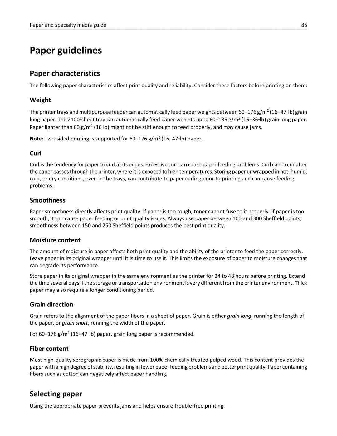 Lexmark MX6500E manual Paper guidelines, Paper characteristics, Selecting paper 